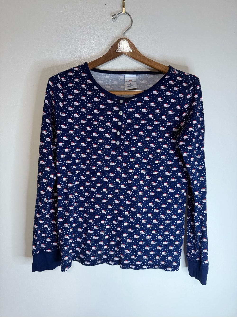 Vineyard Vines Women’s Navy Henley Long-Sleeve Top with Micro Print size large